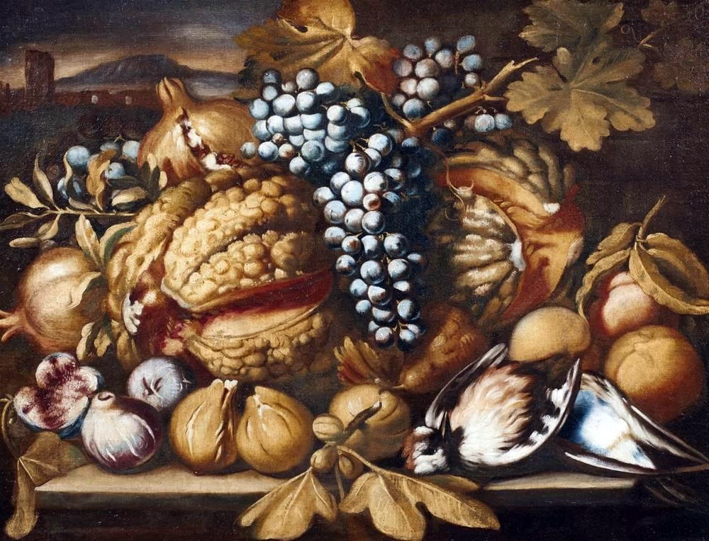 Natura morta di frutta con uccelli